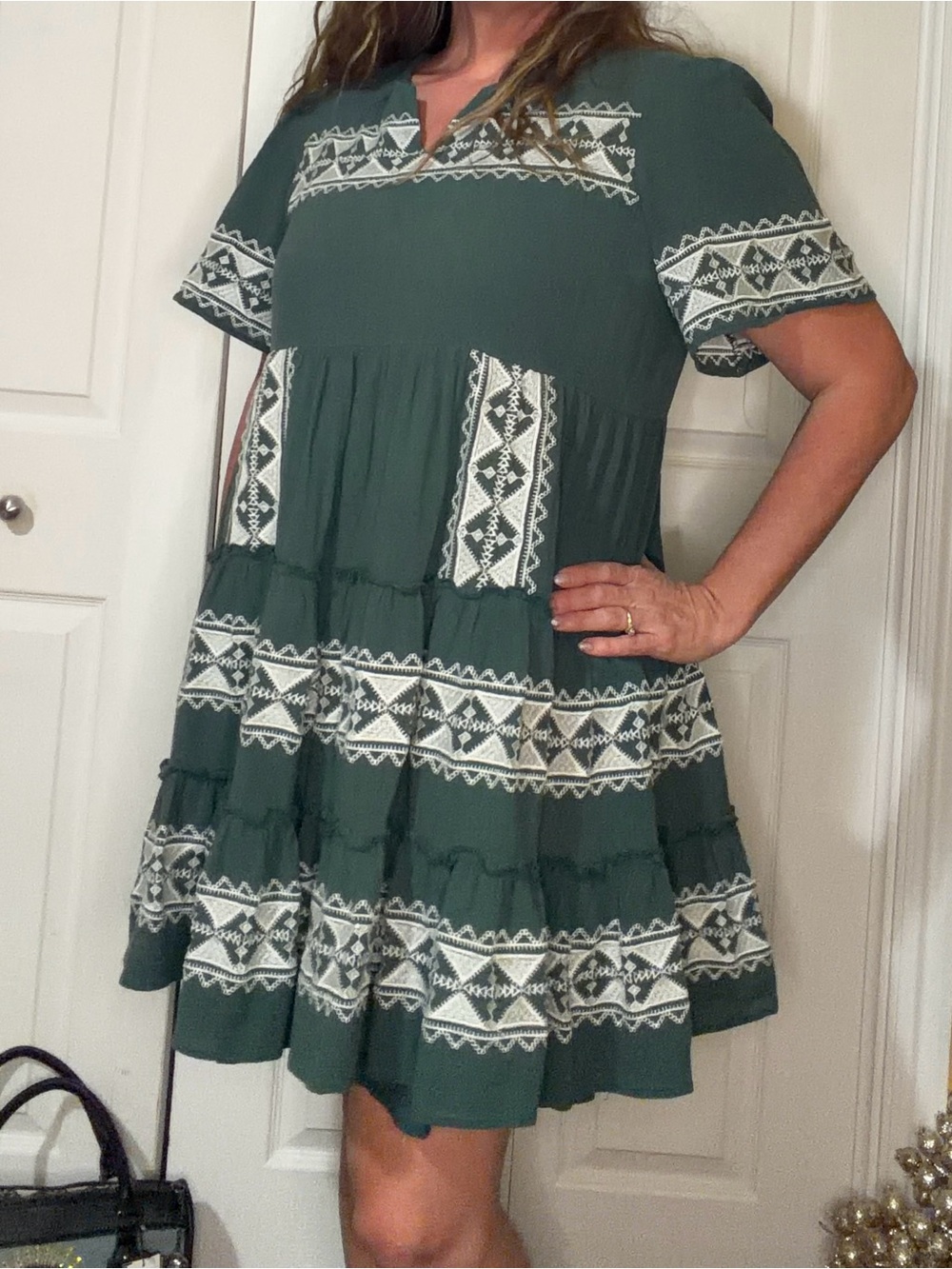tea n rose Green Tiered Dress with White Embroidery
